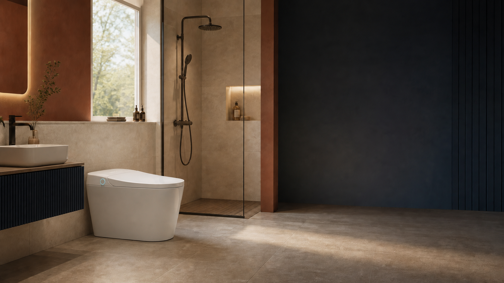 Contemporary bathroom featuring a smart toilet, shower system and basin faucet