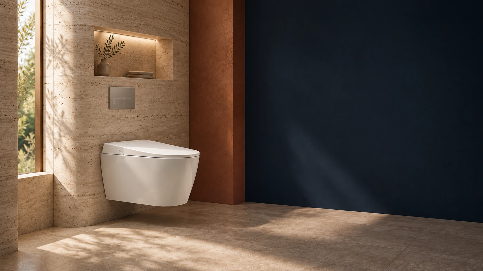 Wall-hung toilet with concealed cistern in a warm contemporary bathroom