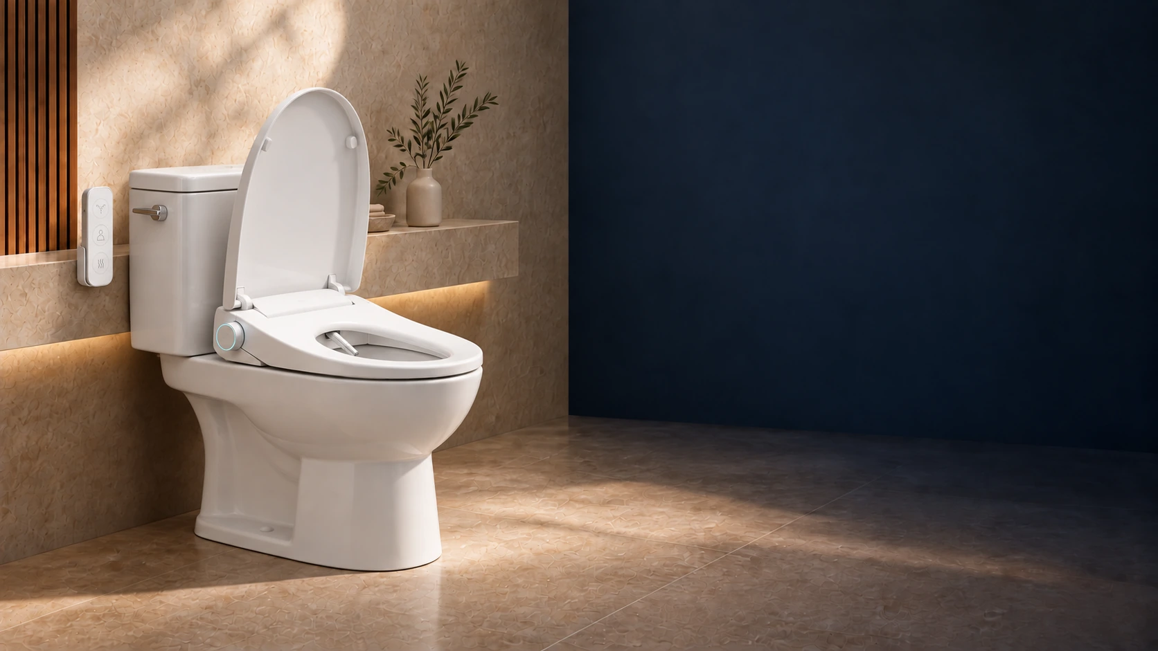 Smart toilet seat installed on a standard toilet in a warm contemporary bathroom