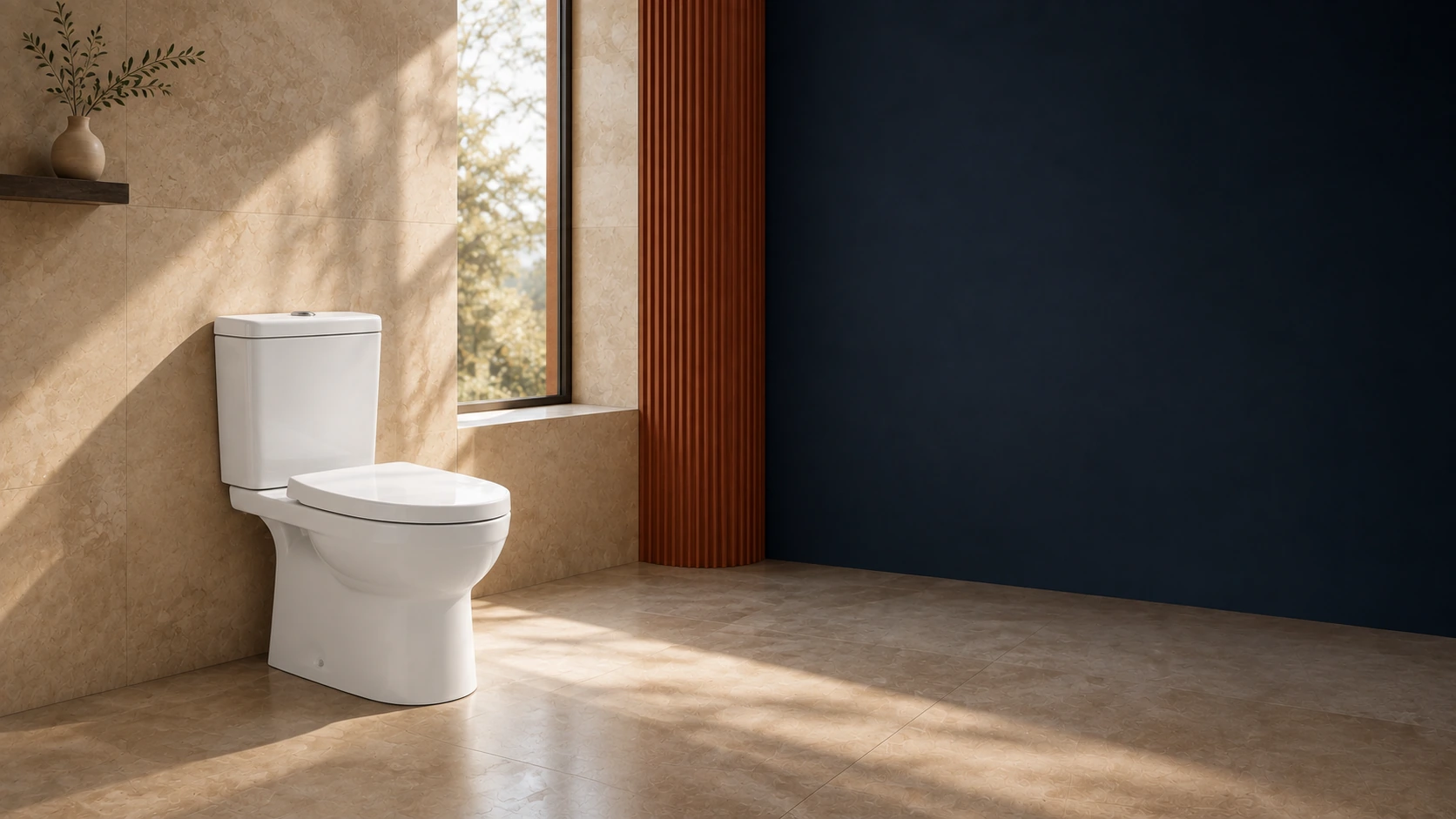 Standard ceramic toilet in a warm contemporary bathroom