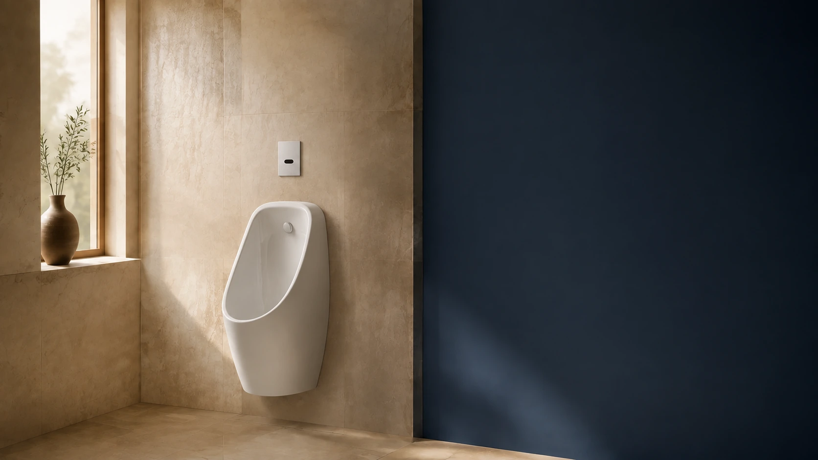 Wall-mounted urinal in a warm contemporary commercial bathroom